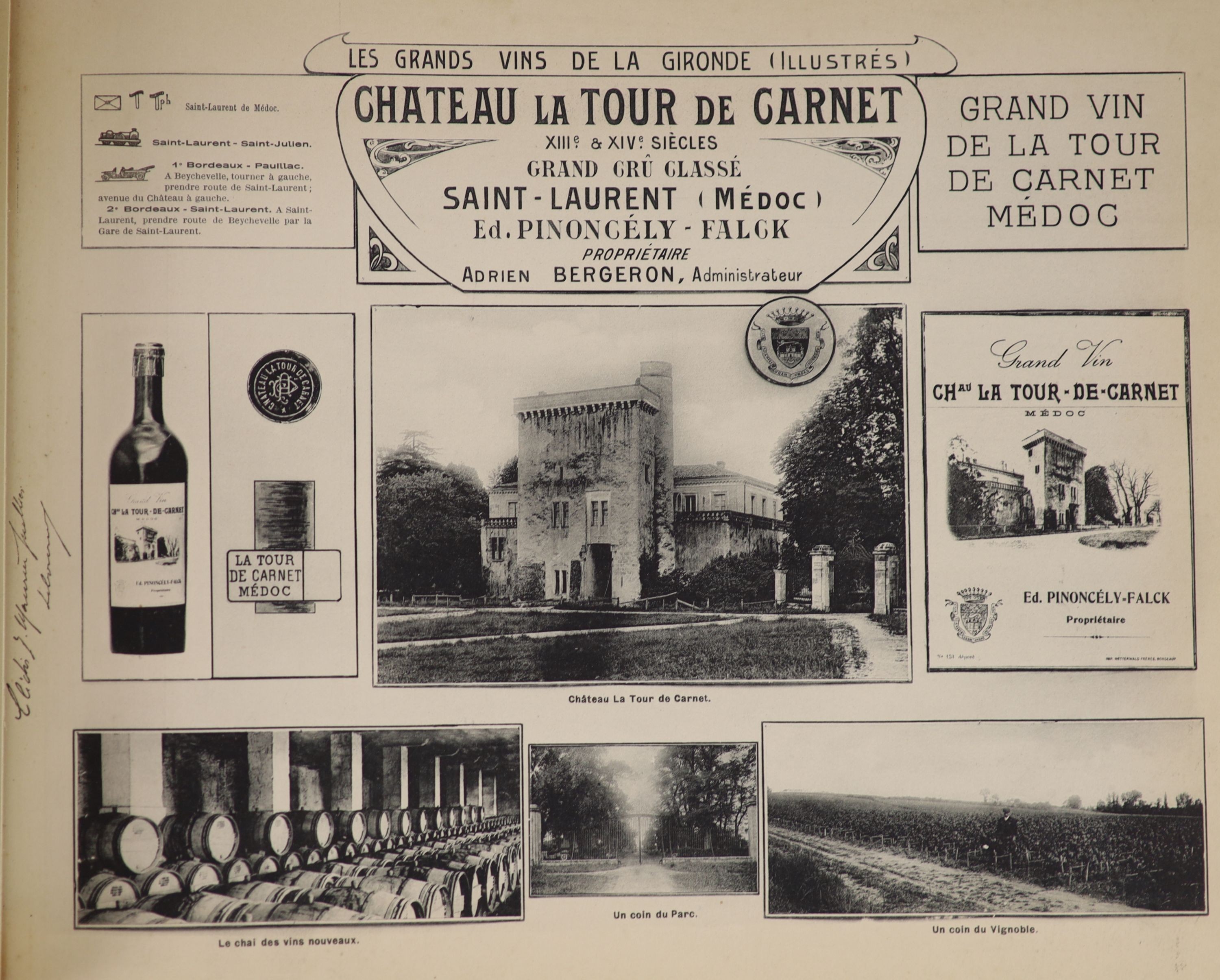 Guillier, Henry. Les Vins de La Gironde par Henry Guillier Libourne Bordeaux. Oblong folio, n.d. (c.1910). Printed photographic title page and 168 printed photographic views of wine chateaus, producers and negotiants in